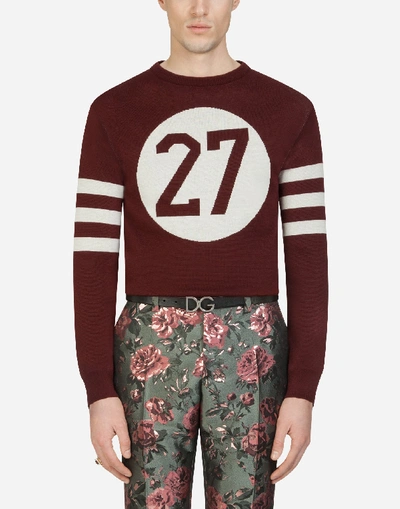 Shop Dolce & Gabbana Round-neck Wool Jacquard Sweater In Bordeaux