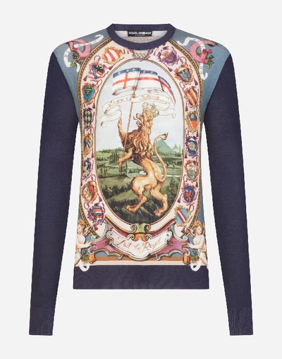 Shop Dolce & Gabbana Silk Round-neck Sweater With Dg King Print In Multi-colored