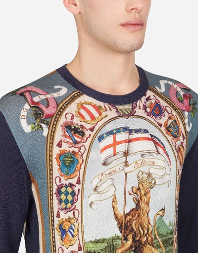 Shop Dolce & Gabbana Silk Round-neck Sweater With Dg King Print In Multi-colored