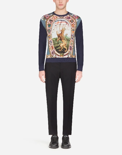 Shop Dolce & Gabbana Silk Round-neck Sweater With Dg King Print In Multi-colored