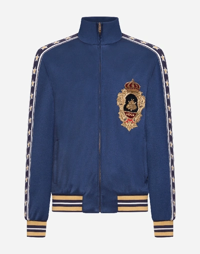 Shop Dolce & Gabbana Cotton Zip-up Sweatshirt With Heraldic Patch In Blue