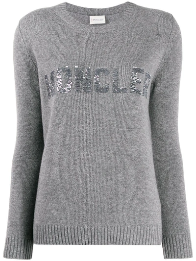 Shop Moncler Logo Crenweck Sweater In Grey
