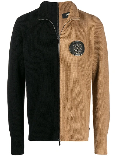 Shop Fendi Ribbed Zip Sweater In Black