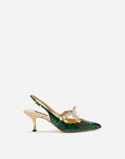 Shop Dolce & Gabbana Malakite Print Patent Leather Sling Back With Bejeweled Bow In Green