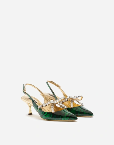 Shop Dolce & Gabbana Malakite Print Patent Leather Sling Back With Bejeweled Bow In Green