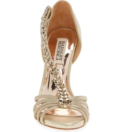 Shop Badgley Mischka Emma Crystal Strap Sandal In Platino Suede
