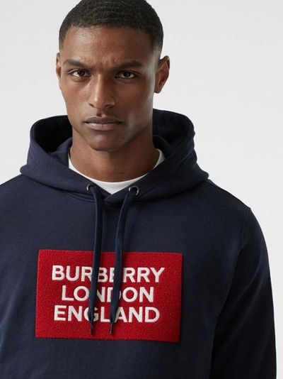 Shop Burberry Logo Appliqué Cotton Hoodie In Navy