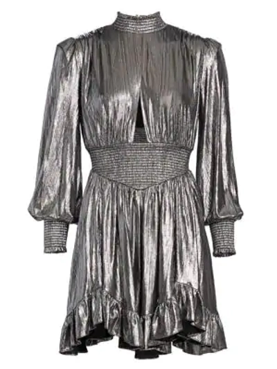Shop Retroféte Melody Metallic Ruffle Puff-sleeve Cutout Mini A-line Dress In Gunmetal