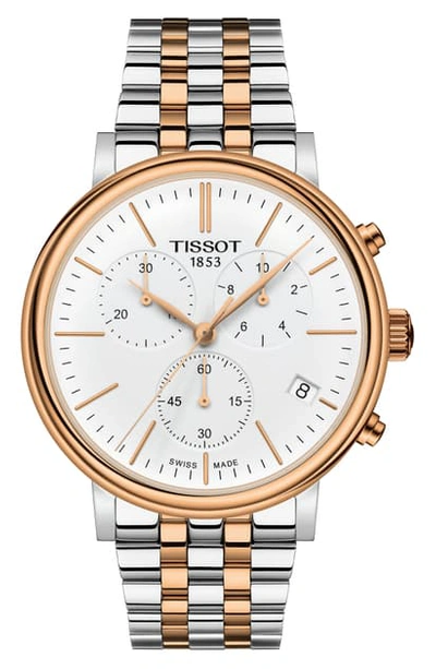 Shop Tissot Carson Premium Chronograph Bracelet Watch, 41mm In Silver/ White/ Rose Gold