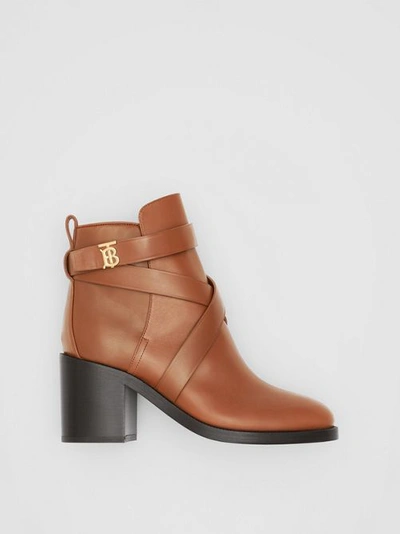 Shop Burberry Monogram Motif Leather Ankle Boots In Tan