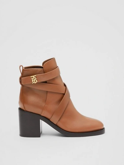 Shop Burberry Monogram Motif Leather Ankle Boots In Tan