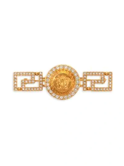 Shop Versace Greca Swarovski Crystal & Brass Brooch In Gold