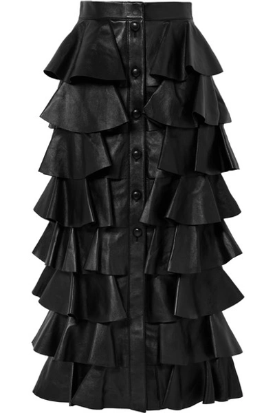 Shop Saint Laurent Tiered Ruffled Leather Maxi Skirt In Black