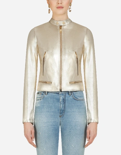 Shop Dolce & Gabbana Laminated Nappa Biker Jacket In Gold