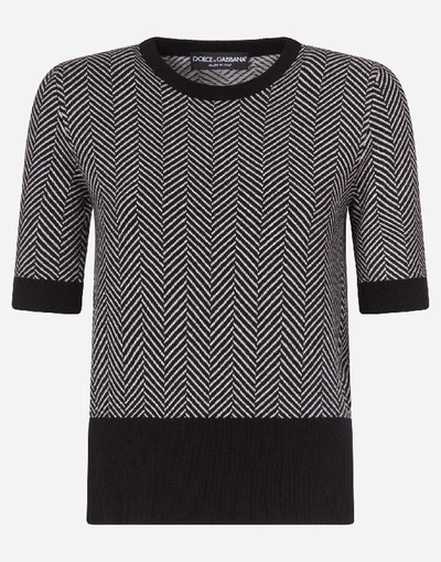 Shop Dolce & Gabbana Crew Neck Cashmere Chevron Sweater In Grey/black