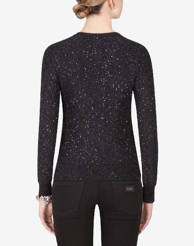 Shop Dolce & Gabbana Mixed Silk Crew Neck Sweater With Micro Sequins In Silver/black