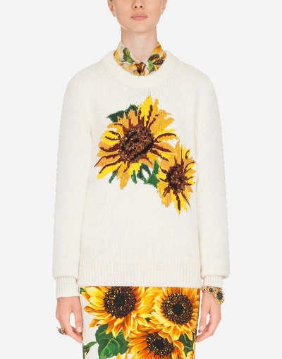 Shop Dolce & Gabbana Wool Sweater With Sunflower Intarsia In Floral Print