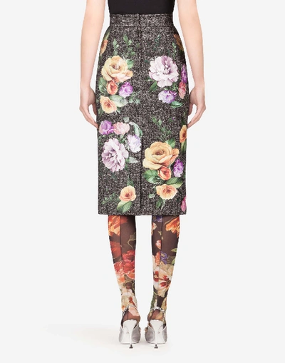 Shop Dolce & Gabbana Tweed Midi Skirt With Laminated Flower Patches In Floral Print