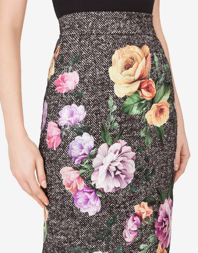Shop Dolce & Gabbana Tweed Midi Skirt With Laminated Flower Patches In Floral Print