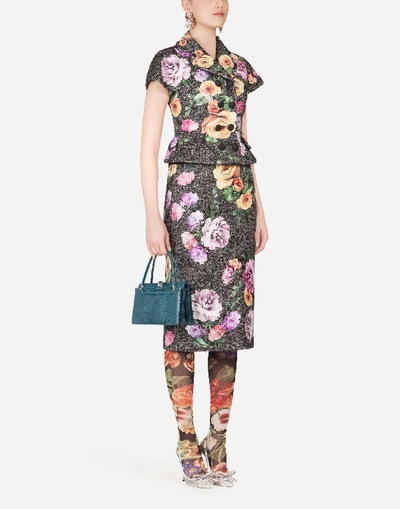 Shop Dolce & Gabbana Tweed Midi Skirt With Laminated Flower Patches In Floral Print