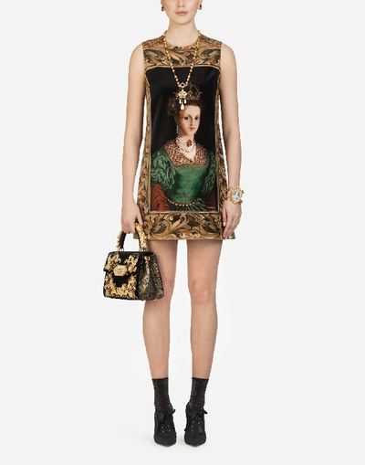 Shop Dolce & Gabbana Short Queen-print Velvet Dress In Multi-colored