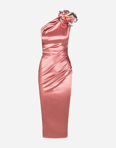 Shop Dolce & Gabbana Silk Midi Dress With Embroidered Flowers In Pink