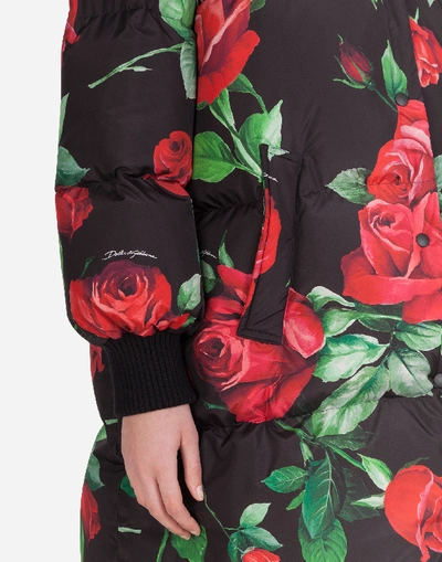 Shop Dolce & Gabbana Oversize Down Jacket With Hood And Rose Print In Multi-colored