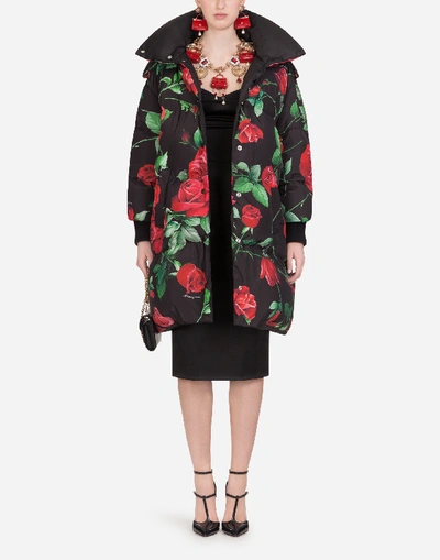 Shop Dolce & Gabbana Oversize Down Jacket With Hood And Rose Print In Multi-colored