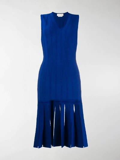 Shop Alexander Mcqueen Embroidered Knit Midi Dress In Blue