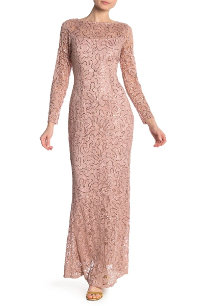 Shop Marina Sequin Lace Long Sleeve Gown In Blush