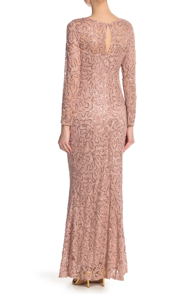 Shop Marina Sequin Lace Long Sleeve Gown In Blush