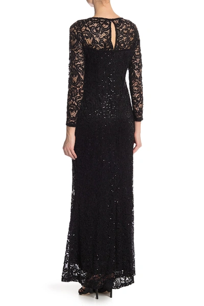 Shop Marina Sequin Lace Long Sleeve Gown In Blk