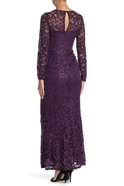 Shop Marina Sequin Lace Long Sleeve Gown In Eggplant