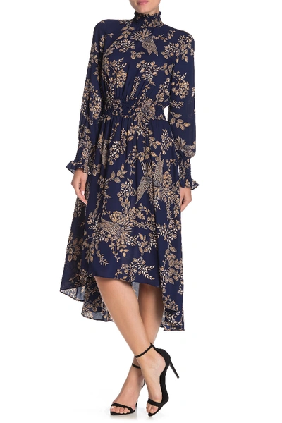 Shop Nanette Lepore Long Sleeve Mock Neck Printed High/low Dress In Dknvy256-1