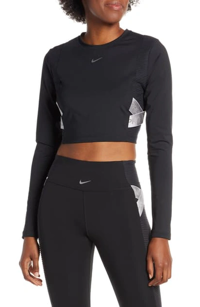 Shop Nike Pro Capsule Aeroadapt Long Sleeve Crop Top In Black/ Metallic Silver