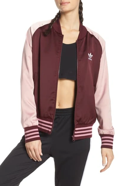 Shop Adidas Originals Two-tone Satin Bomber Track Jacket In Maroon/ Pink Spirit