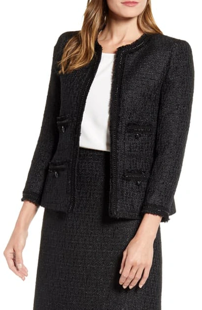 Shop Anne Klein Fringe Trim Tweed Jacket In Anne Black