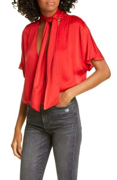 Shop Alice And Olivia Livvy Tie Neck Wrap Front Stretch Silk Blouse In Ruby