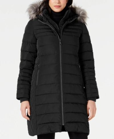 Shop Vince Camuto Faux-fur-trim Puffer Coat, Created For Macy's In Black