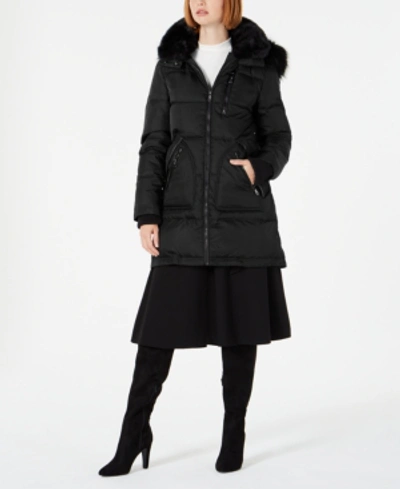 Shop Vince Camuto Petite Faux-fur-trim Puffer Coat In Black