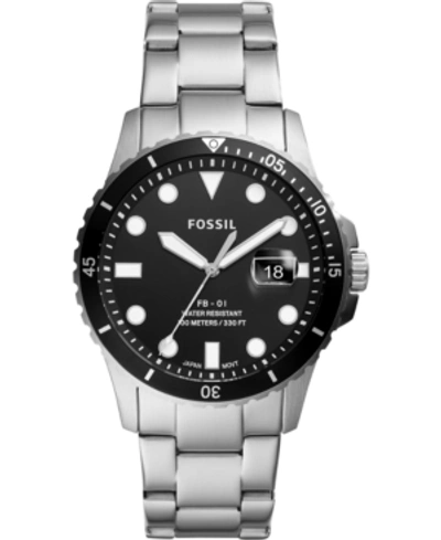Shop Fossil Men's Blue Diver Stainless Steel Bracelet Watch 42mm In Silver