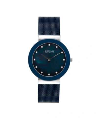 Shop Bering Women's Ceramic Crystal Blue Stainless Steel Mesh Bracelet Watch 35mm