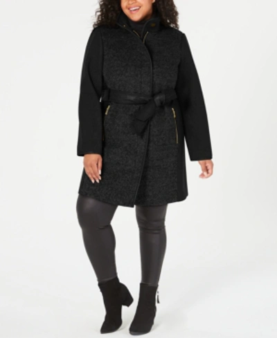 Shop Vince Camuto Plus Size Faux-leather-belt Coat, Created For Macy's In Black