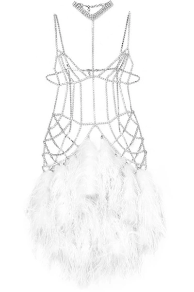 Shop Alessandra Rich Silver-tone, Crystal And Feather Body Chain