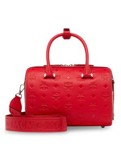 Shop Mcm Essential Monogrammed Leather Boston Bag In Viva Red