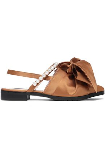 Shop Mother Of Pearl Woman Chelsea Bow-embellished Satin Slingback Point-toe Flats Camel