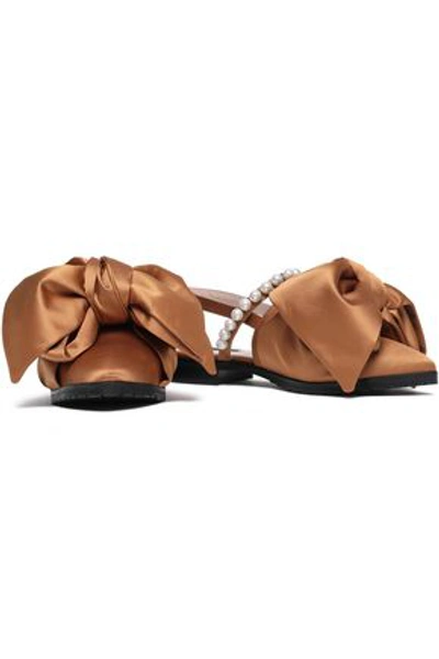 Shop Mother Of Pearl Woman Chelsea Bow-embellished Satin Slingback Point-toe Flats Camel