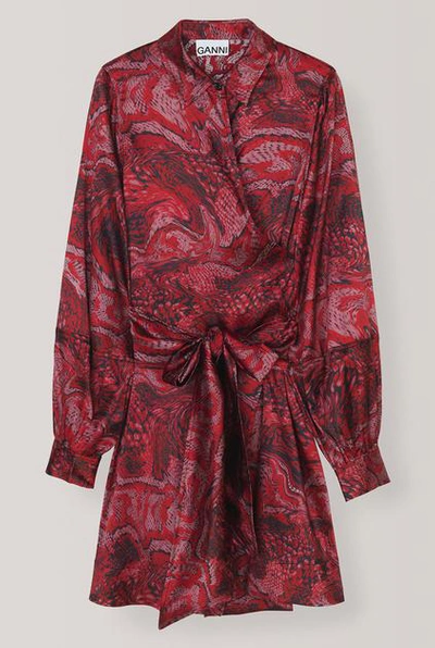 Shop Ganni Silk Stretch Satin Wrap Dress In Red