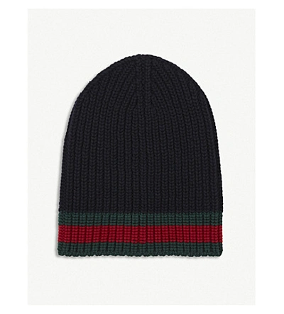 Shop Gucci Striped Knitted Wool Beanie In Midnight Blue