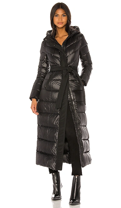 Mackage Long Hooded Quilted Down Jacket With Belt In Black